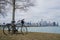 Bicycle, Skyscapers and skylin of Chicago and Lake Michigan from