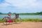 The bicycle stands on a village road at Thalkote lake near Sigiriya