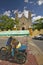 Bicycle taxi in front of Catholic cathedral of Izamal, Yucatan Peninsula, Mexico