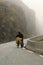 Bicycle tourist pushes his bike up the mountain road in foggy weather