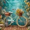 Bicycle with two woven baskets filled with vibrant flowers, AI-generated.