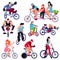 Bicycle vector bikers people character biking on cycle transport illustration set of man woman kid bicycling and