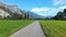 Bicycle way along green fields in Sargans, Switzerland