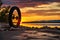 bicycle wheel with deflated tire and a scenic sunset backdrop