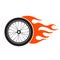 Bicycle wheel with fire flame emblem.