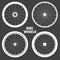 Bicycle wheel symbols collection. Bike rubber tyre silhouettes. Fitness cycle, road and mountain bike. Vector