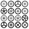 Bicycle wheels. Tires silhouettes bike wheels with metal spokes vector symbols collection