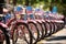 Bicycles with American flags in a row on a sunny day, Decorated bicycles lined up for a Fourth of July parade, Independence Day,