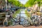 Bicycles on the bridge in Amsterdam, Netherlands against a canal during summer sunny day. Amsterdam postcard iconic view. Tourism