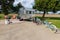 Bicycles lined up in front of a shiny aluminum travel trailer