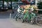 Bicycles parked on the bridge in a picturesque street in the dutch city of Delft