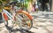 Bicycles parked on a city street. Cycling or commuting in the urban environment, ecological transport concept