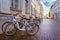 Bicycles parked on the cobbled street in the city of Tartu