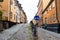 Bicycles parked in picturesque cobblestoned street in Sodermalm in Stockholm
