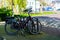 Bicycles parked in a street of city Gouda