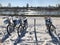 Bicycles for rent on the snow with a river view