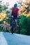 Bicyclist biker rides his bicycle in nature while being accompanied by his dog a golden retriever