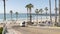 Bicyclist man, people in ocean beach waterfront resort, palms. Beachfront road street California USA