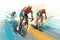 Bicyclist racing on a colorful background. Sport illustration, Cyclists team riding on bicycles, color drawing. Bike race banner,