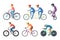 Bicyclist ride various bikes. Funny characters isolate on white background