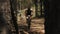 Bicyclists racing in forest behind trees on dusty road