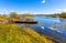 Biebrza river valley wetlands and nature reserve landscape with vintage canoe in Wierciszewo village in Poland