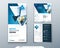 Bifold brochure design. Blue template for bi fold flyer. Layout with modern triangle photo and abstract background