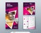 Bifold brochure design. Pink, purple template for bi fold flyer. Layout with modern triangle photo and abstract