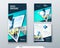 Bifold brochure design. Teal template for bi fold flyer. Layout with modern triangle photo and abstract background
