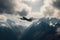 Big advanced airlift jet soaring through towering peaks