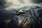 Big advanced airlift jet soaring through towering peaks