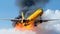 Big aircraft engulfed in flames flying safely through clear day sky as a powerful symbol of safety