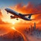 A big airplane just take off, skycrapers, orange sky, city view, digital painting, floating acrylic art prints