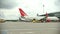 A big airplane standing on the airport field - baggage loading inside the airplane