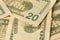 Big amount of old 20 dollar bills details on macro photography. Money earnings, payday or tax paying period