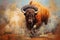 Big angry bison. Oil painting in impressionism style