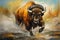 Big angry bison. Oil painting in impressionism style