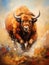 Big angry bison. Oil painting in impressionism style