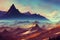 big anime mountain view scenery, brown and blue part, ai generated image