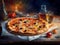 Big apetite traditional pizza. Impressionism style oil painting.