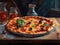 Big apetite traditional pizza. Impressionism style oil painting.