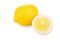 A big appetising, ripe lemon and a juicy half-cut bright yellow lemon, isolated on a white background.. Citrus fruit. Lemons.