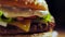 Big appetizing burger with meat cutlet, onion, vegetables, melted cheese, lettuce and mayonnaise sauce. Isolated