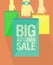 Big autumn sale flat vector poster design, hands with paper shopping bags