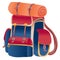 Big backpack in red and blue colors for hiking and traveling fully assembled and ready for what would take with you