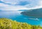 Big barge sailing in the Plomin bay in Istrian part of Croatia with dramatic sky