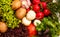 Big Basket with vegetables mushrooms, basil, lettuce, onions, garlic, radishes and tomatoes. background