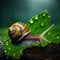 Big beautiful snail on a green leaf closeup