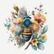 Big Bee Retro Beautiful and Bright Boho Florals, Isolated on White Background - Generative AI