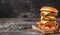 Big beef burger with three patties and cheese, Homemade burger with grilled beef meat, Long banner format